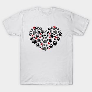 Black and red doodle dog paw print made of heart T-Shirt